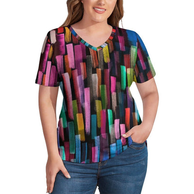 Abstract Geometry T-Shirt Multi-Color Line Print Cute T Shirts V Neck Short-Sleeve Tops Ladies Street Fashion Tees Plus Size 5XL