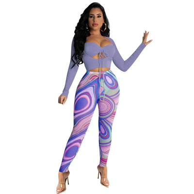 Wholesale Items Tracksuits Women Fall Slim 2 Piece Set Outfits Long Sleeve Bandage Lace Up Crop Top + Legging Bulk Lots X8124
