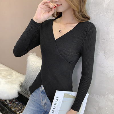 2021 Fashion Sexy Criss-Cross V-Neck Womens Sweaters Autumn Slim Female Jumper Casual Solid Ladies Tops Winter Clothes Women