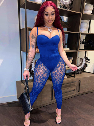 Two Piece Sets Women 2022 Summer Club Sexy Vintage Pants Set Sleeveless Corset Bodysuit Top + Lace See Through Pants 2Pcs Sets