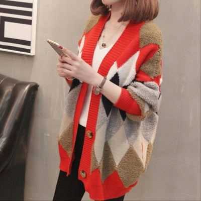 Women's Wool Sweater Cardigan Autumn and Winter New Splicing Coat Women's Korean Medium and Long Loose Sweater