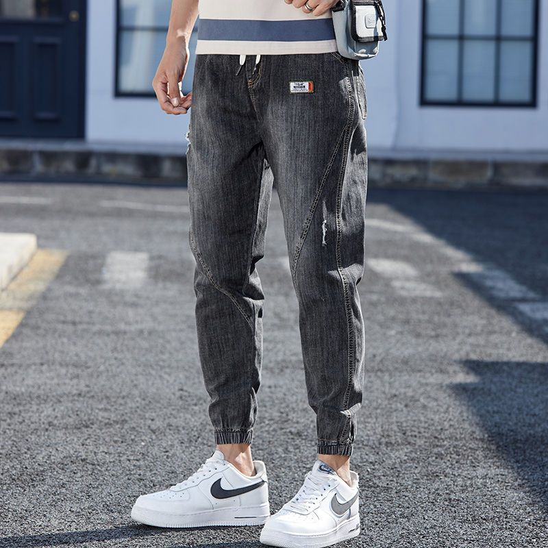 Spring Summer Drawstring Designer Clothes Men Denim Jeans Stylish Male Jeans Casual Cargo Blue Boyfriend Haren Cropped Trousers