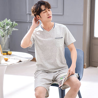 modal cotton pajamas men&#39;s summer thin section short-sleeved v-neck summer large size casual wearable youth home service suit