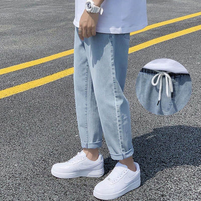 Wide-leg straight jeans men women fall winter loose casual rope trousers male students Korean all-match pants trend streetwear