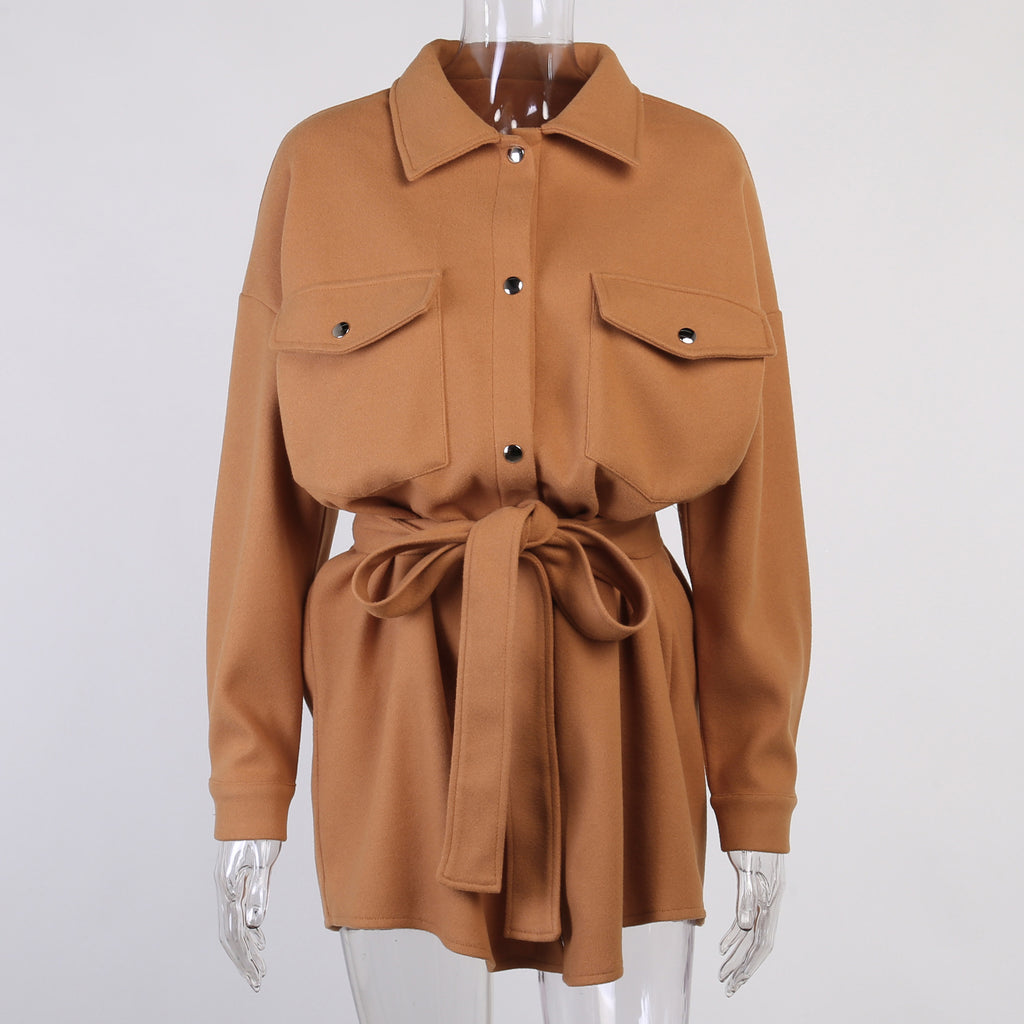 Lady Solid Apricot Wool Coat Long Sleeve Elegant Office Jacket Female Turn Down Collar Casual Winter Belt Jacket Coat Women 2021
