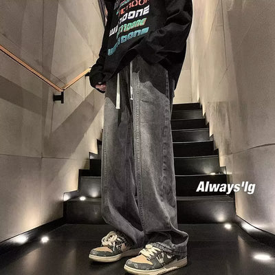 2023 Korean Fashion Men's Baggy Jeans Fashion Hip Hop Straight Wide Leg Trousers Classic Couple Denim Pants Black Light Blue