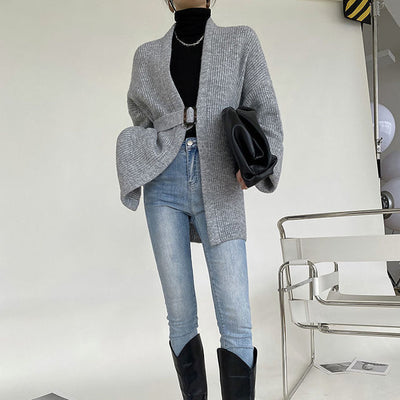 Elegant Cardigan Women Sweater Autumn Winter Sash Tie Up Knitted Sweater Loose Jacket Ladies Sweaters Cardigans Female