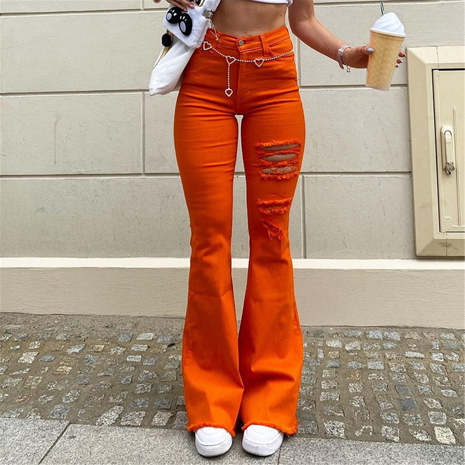 Slim Waist Color Women Hole Jeans Pocket High Elastic Slim Denim Pants Solid Women&#39;s Jeans