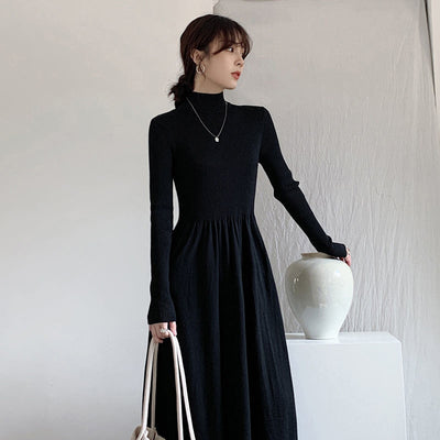 Autumn Knitted Casual Sweater Pullover Black Dress Warm Turtleneck Slim Elegant Tunic Dresses Female Winter Woman