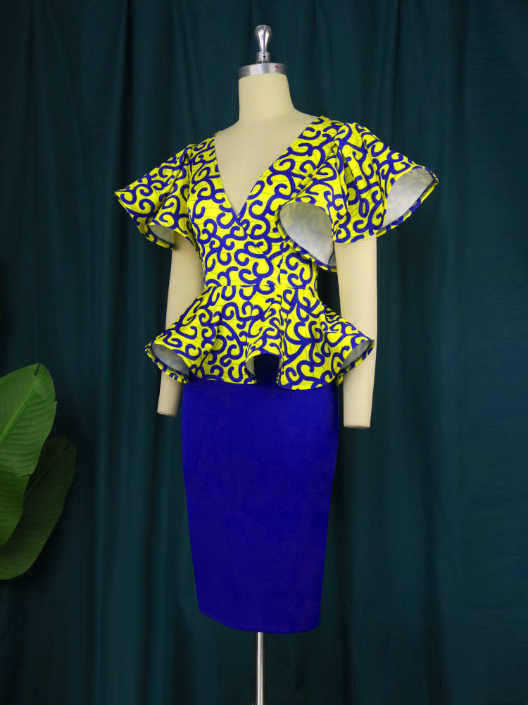 Patchwork Plus Size Dresses Yellow Blue Printed Ruffles Short Sleeve Peplum High Waist Package Hip Evening Party Outfits 4XL
