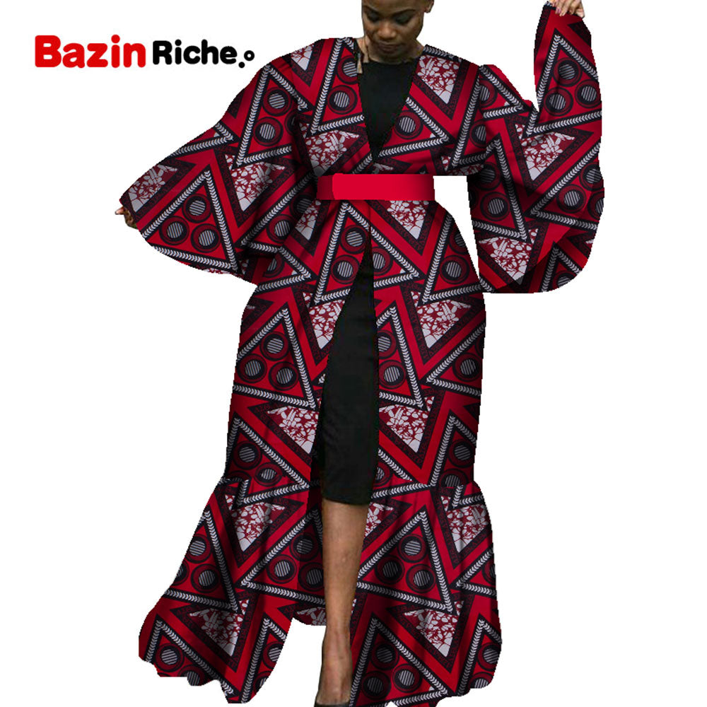 African Long Coat for Women Big Flare Sleeve Kangle-length Casual Women Cotton Coat with Belt WY5411
