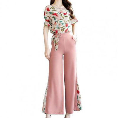 Women Two Piece Set Femme Flower Print Tops And Solid Wide Leg Long Pant Suits Ladies Plus Size 3XL Slim Tracksuit