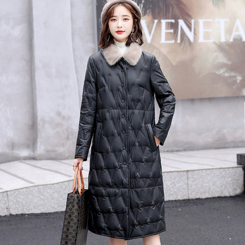 New Women Sheepskin Down Overcoat Autumn Winter Fashion Warm  Collar Loose Genuine Leather Down Coat Thick Long Fur Coat