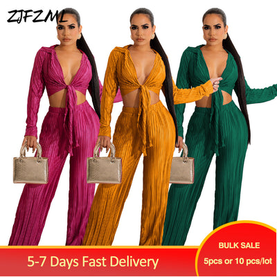 Bulk Items Wholesale Lots Women&#39;s Two Piece Sweatsuits Casual Vintage Tie Front Full Sleeve Blouse + Ruched Straight Sweatpants