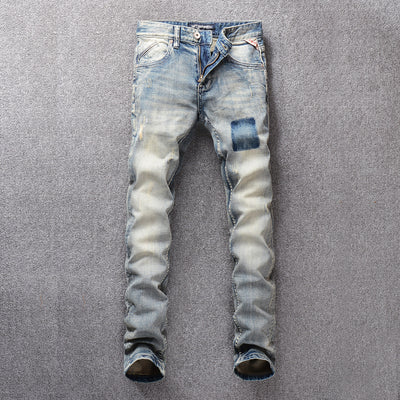 Italian Style Fashion Men Jeans Retro Gray Blue Slim Fit Ripped Jeans Men Streetwear Vintage Designer Cotton Denim Pants Hombre