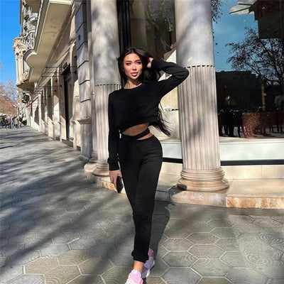 2022 Fall Fashion Streetwear 2 Two piece Sets Outfits Tracksuit Women Long Sleeve O Neck Crop Top Pink Pants Matching Sets