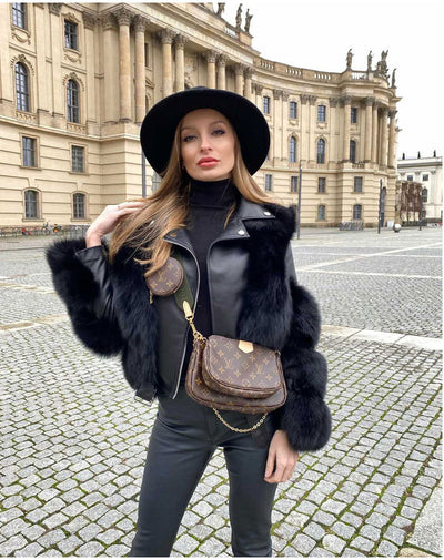 Autumn And Winter Warm Fashion Women's Short Coat Stitching Black Fur One-Piece Faux Fur Long-Sleeve Outwear Y823