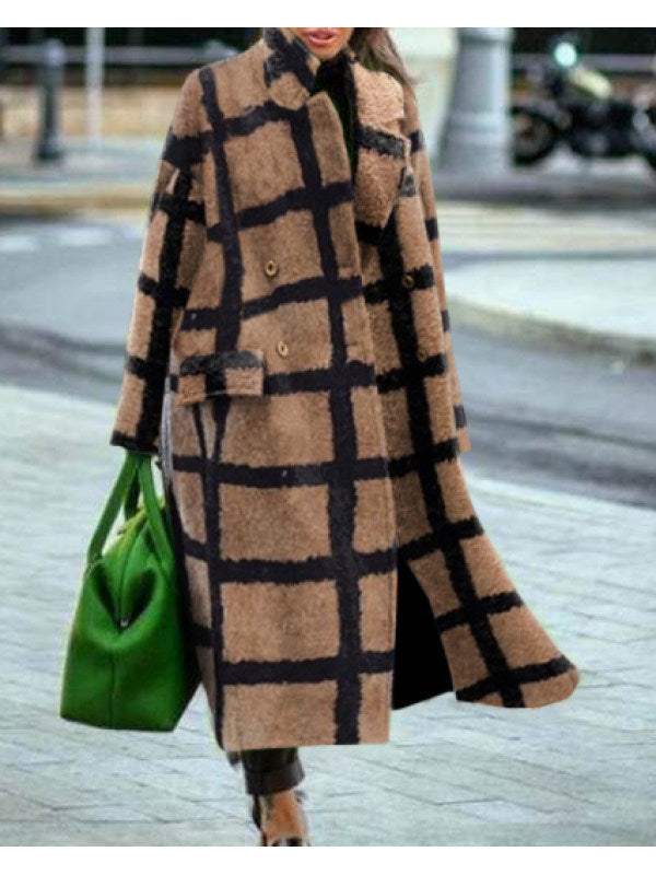 Autumn and Winter Women&#39;s OverCoat Lapel Wide Stitching Pattern Loose Women&#39;s OverCoat Medium Long Cloak Warm Wool Coat Jacket