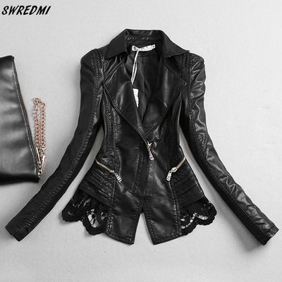SWREDMI Women&#39;s Leather Jacket 2022 New Slim Fashion Lace Stitching Leather Clothing Female S-4XL Leather Coat Black Tops