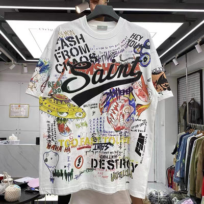 2022 Summer New Men Tshirts Graffiti Murakami Takashi Splash ink loose round-necked short-sleeved t-shirt