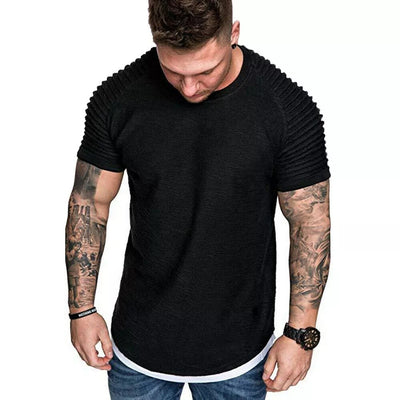 Hot Men's T-Shirts Pleated Wrinkled Slim Fit O Neck Short Sleeve Muscle Solid Casual Tops Shirts Summer Basic Tee New