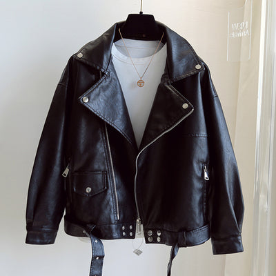 LY VAREY LIN New Spring Autumn Moto Bike PU Jacket Women BF Style Loose Black Faux Leather Jacket Lady Fashion Coat with Belt