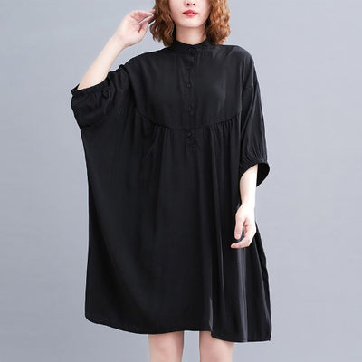 Stand Collar Single Breasted Cotton Loose Summer Dress Korea Style Batwing Sleeve Office Lady Work Dress Women Casual Midi Dress