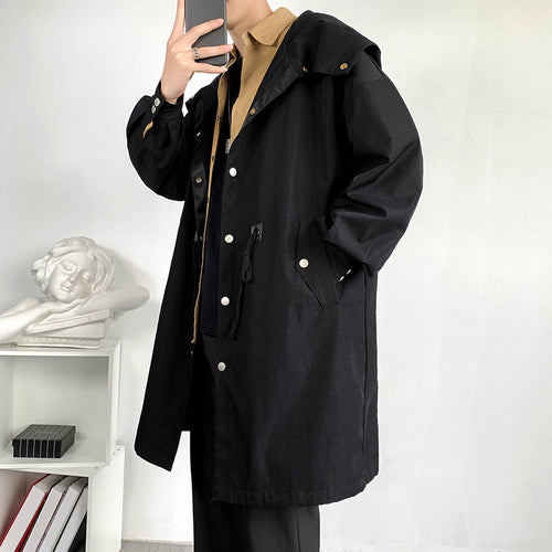 Legible Autumn Casual Trench Coats Men Solid Loose Long Jackets for Man Hooded Windbreaker Man