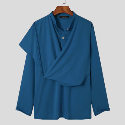 INCERUN Tops 2022 American Style Men Blouse Casual Streetwear All-match Stand-up Collar Irregular Shawl Long-sleeved Shirt S-5XL