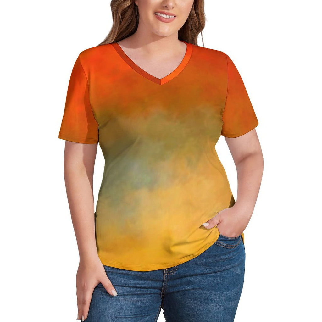 Sunset Colors T Shirts Abstract Art Print V Neck Classic T Shirt Short-Sleeve Woman Elegant Tshirt Summer Printed Tees Plus Size
