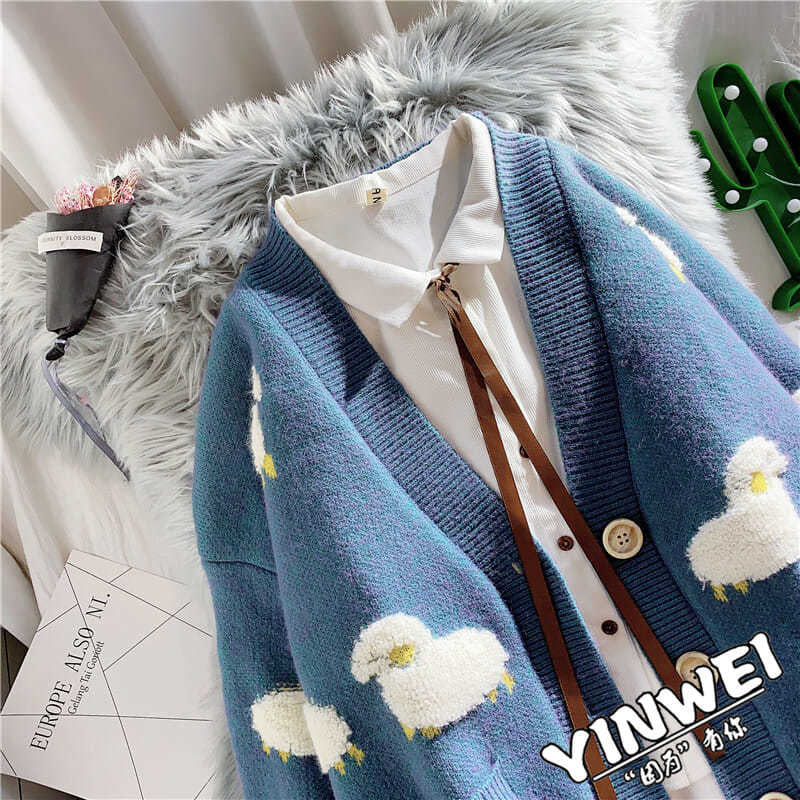 Autumn Winter Plus Size 3xl Cute Cartoon Print Knitted Cardigan Casual Big Pocket Single-breasted Sweaters Korean Loose Sweater