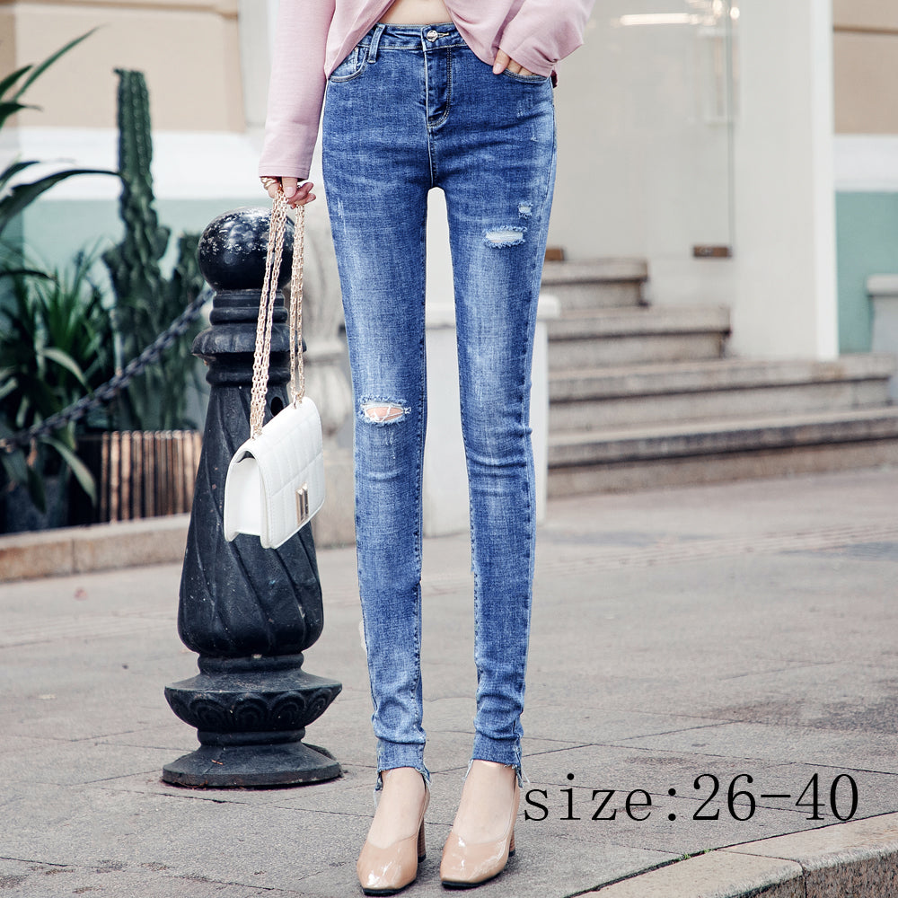 Spring hole long jeans female pencil pants Slim thin Korean pants high waist stretch jeans