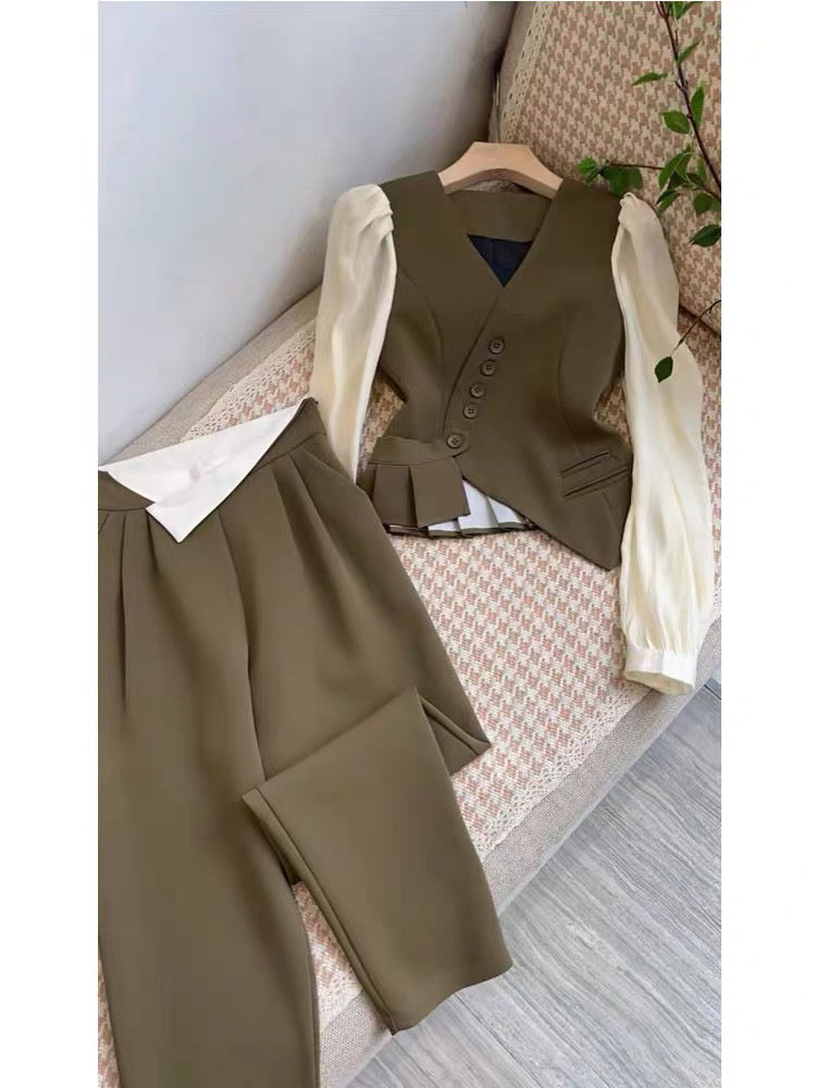 Women&#39;s Autumn British Style Trousers Suit V-neck Irregular Short Small Blazer and Wide Leg Trousers Two Office Ladies Piece Set