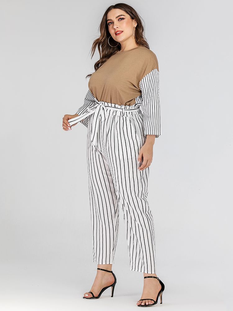 Plus Size Trousers Striped Belted Pants Elegant Office Ladies Pocket High Waist Casual Pants