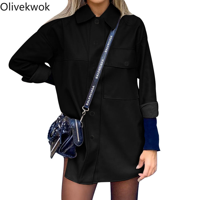 Olivekwok 2021 Autumn Woman Fashion Solid Turn-down Collar Single Breasted Long Sleeve Casual PU Pockets Womens Coat
