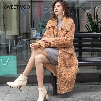 Faux Fur Imitation Lambswool Solid Color Women&#39;s Fur Jacket New Winter Warm Fashion Medium Long Women Fur Coat Outwears Slim2022