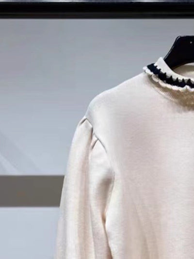 2022 New Women Casual Half Turtleneck Knit Sweater Lady Lace Trim Puff Sleeve Loose Knitwear for Autumn and Winter
