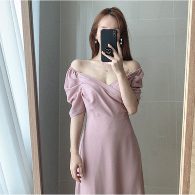 Summer Korean Chic Women Solid Dresses French Style V-neck High Waist Short Puff Sleeve Chiffon Dress Female Elagant Party Dress