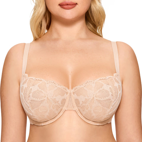 Women&#39;s Lace Sheer See Through Sexy Balconette Plus Size Unlined Underwire Push Up Bra
