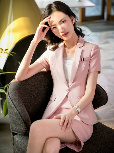 Summer Pink Blazer Women Business Suits Formal Office Suits Work Wear Ladies Skirt and Jacket Sets Short Sleeve
