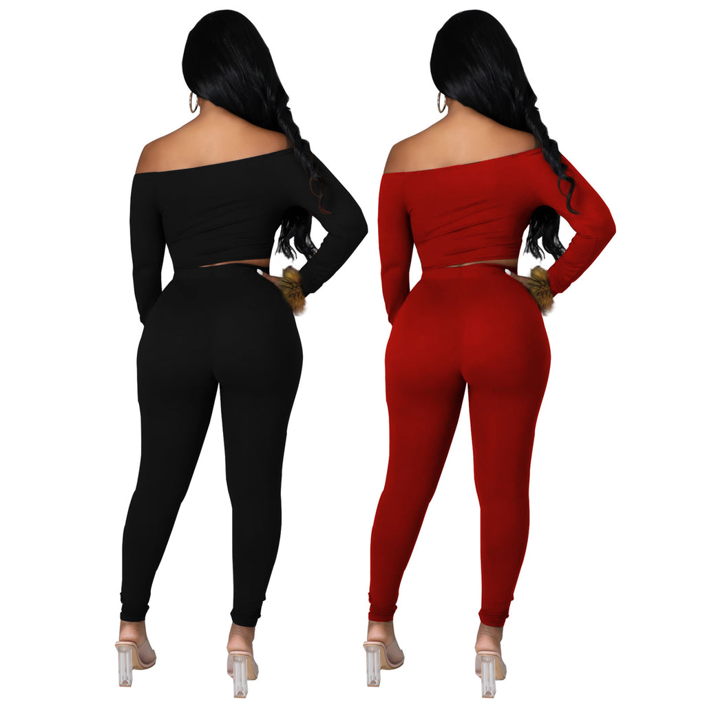 444348 Autumn Winter Women Casual Fashion Solid Color Furry Shoulder Two Piece Set Top and Pants Tracksuit Sweatsuit Outfits