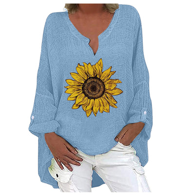 Women Casual Loose Print V-Neck Cotton Linen Long Sleeve Shirt Top Streetwear Letter Printed Long Sleeve Camisas Solid Tunic Top