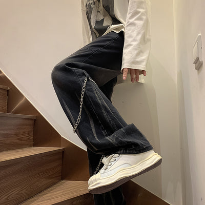 New Fashion Flare Leg Chain Jeans Men Casual Loose Baggy Trousers Denim Straight Streetwear Hophop Harem Distressed Cargo Pants