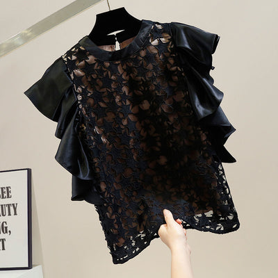 Nomikuma 2022 New Fashion Lace Hollow-out Patchwork Blouse Shirt Chic Ruffle Flying Sleeve O-neck Women Top Blusas Mujer De Moda