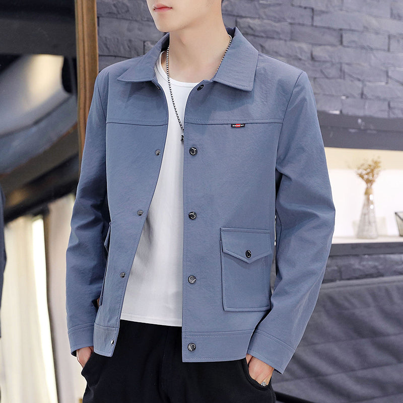 Spring Men&#39;s Casual Coat Single Breasted Lapel Solid Color Male Jacket Khaki Blue Green Black Gray Outwear B9