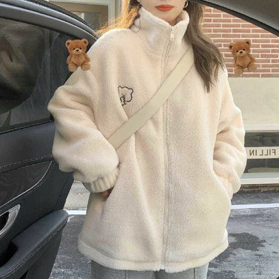 2022 Letter Pink Zippercoat Lamb Wool Keep Warm Mid-length Women Sweatshirt Embroidery Cute Biscuit Bear Fashion Lady Pullover
