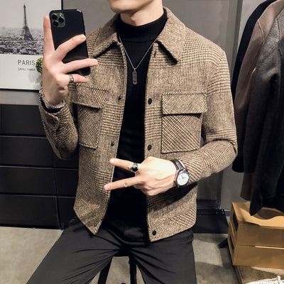 2021 Autumn Winter Men Woolen Jacket Fashion Single Breasted Windbreaker Fashion Retro Plaid Jackets Man Slim Short Jacket B474