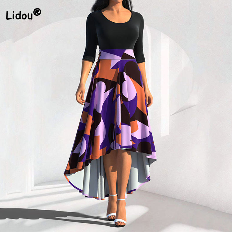 Geometric Printing Bandage A-line Skirt Autumn Round Neck Gradient Color Half Sleeve Irregular Dresses Elegant Plus Size Female