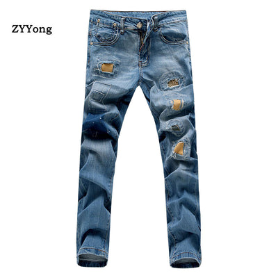 2021 New Stretch Ripped Patch Denim Jeans Men Straight Pants Fashion Classic Slim Leisure Blue Hole Cowboy Trousers