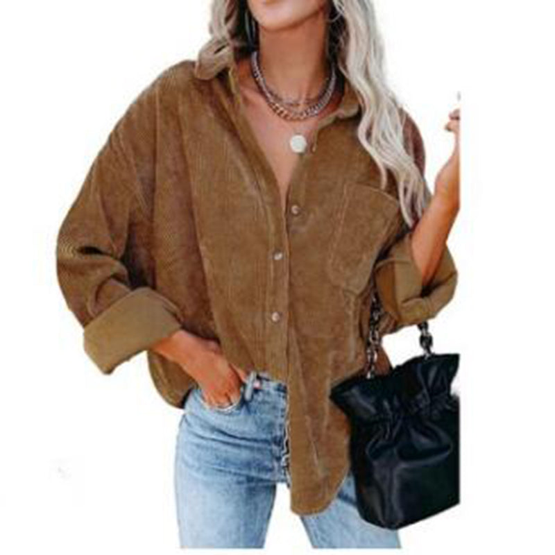 Cotton Casual Corduroy Blouse Women Strip Oversized Women Shirt Jacket Vintage Button Pocket Loose Fashion Blouses Tops 17787